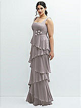 Side View Thumbnail - Cashmere Gray Asymmetrical Tiered Ruffle Chiffon Maxi Dress with Handworked Flowers Detail