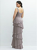 Rear View Thumbnail - Cashmere Gray Asymmetrical Tiered Ruffle Chiffon Maxi Dress with Handworked Flowers Detail