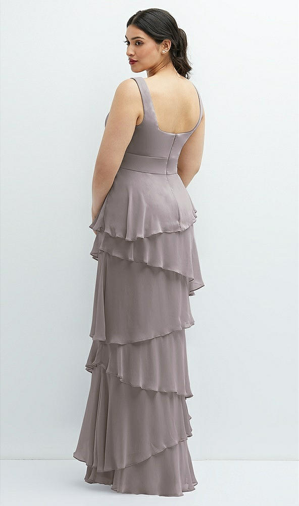 Back View - Cashmere Gray Asymmetrical Tiered Ruffle Chiffon Maxi Dress with Handworked Flowers Detail