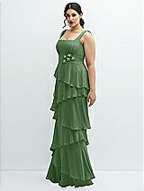 Side View Thumbnail - Vineyard Green Asymmetrical Tiered Ruffle Chiffon Maxi Dress with Handworked Flowers Detail