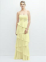 Front View Thumbnail - Butter Yellow Strapless Asymmetrical Tiered Ruffle Chiffon Maxi Dress with Handworked Flower Detail