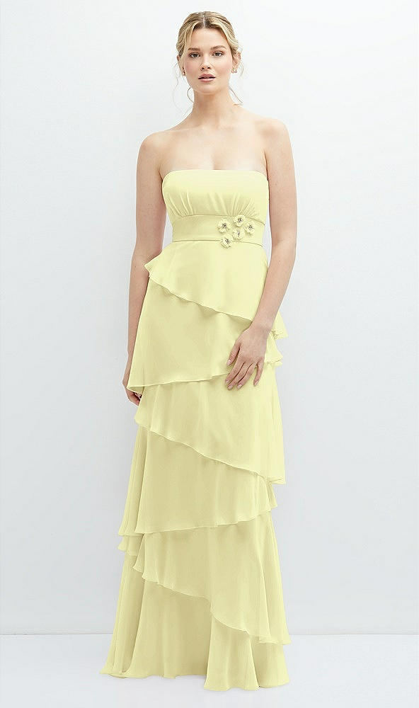 Front View - Butter Yellow Strapless Asymmetrical Tiered Ruffle Chiffon Maxi Dress with Handworked Flower Detail