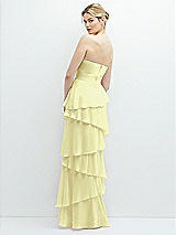 Rear View Thumbnail - Butter Yellow Strapless Asymmetrical Tiered Ruffle Chiffon Maxi Dress with Handworked Flower Detail