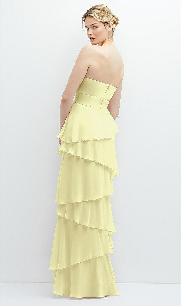 Back View - Butter Yellow Strapless Asymmetrical Tiered Ruffle Chiffon Maxi Dress with Handworked Flower Detail