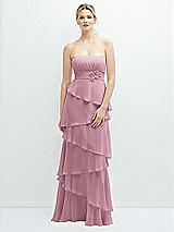 Front View Thumbnail - Dusty Pink Strapless Asymmetrical Tiered Ruffle Chiffon Maxi Dress with Handworked Flower Detail