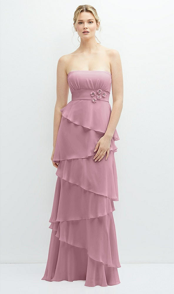 Front View - Dusty Pink Strapless Asymmetrical Tiered Ruffle Chiffon Maxi Dress with Handworked Flower Detail