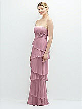 Side View Thumbnail - Dusty Pink Strapless Asymmetrical Tiered Ruffle Chiffon Maxi Dress with Handworked Flower Detail