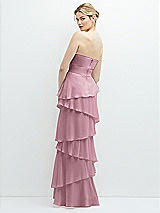 Rear View Thumbnail - Dusty Pink Strapless Asymmetrical Tiered Ruffle Chiffon Maxi Dress with Handworked Flower Detail