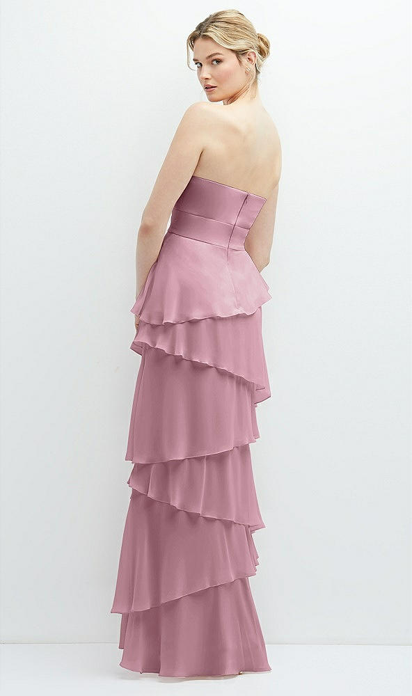 Back View - Dusty Pink Strapless Asymmetrical Tiered Ruffle Chiffon Maxi Dress with Handworked Flower Detail