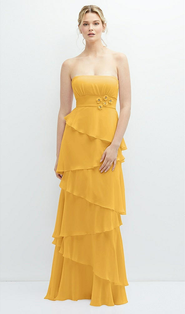 Front View - NYC Yellow Strapless Asymmetrical Tiered Ruffle Chiffon Maxi Dress with Handworked Flower Detail