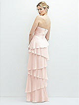 Rear View Thumbnail - Blush Strapless Asymmetrical Tiered Ruffle Chiffon Maxi Dress with Handworked Flower Detail