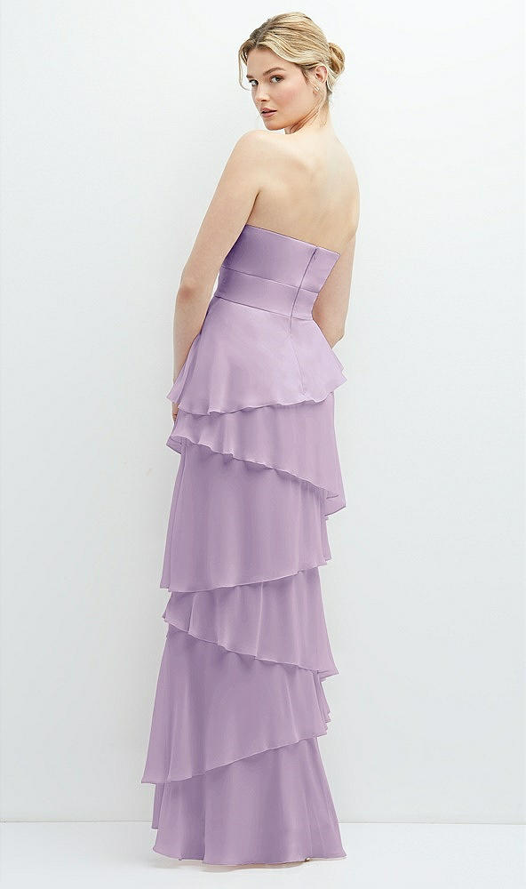 Back View - Pale Purple Strapless Asymmetrical Tiered Ruffle Chiffon Maxi Dress with Handworked Flower Detail