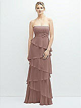 Front View Thumbnail - Sienna Strapless Asymmetrical Tiered Ruffle Chiffon Maxi Dress with Handworked Flower Detail
