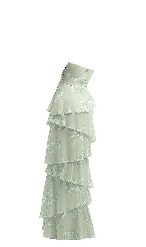 Back View - Vintage Primrose Sage Strapless Asymmetrical Tiered Ruffle Chiffon Maxi Dress with Handworked Flower Detail