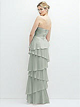 Rear View Thumbnail - Willow Green Strapless Asymmetrical Tiered Ruffle Chiffon Maxi Dress with Handworked Flower Detail