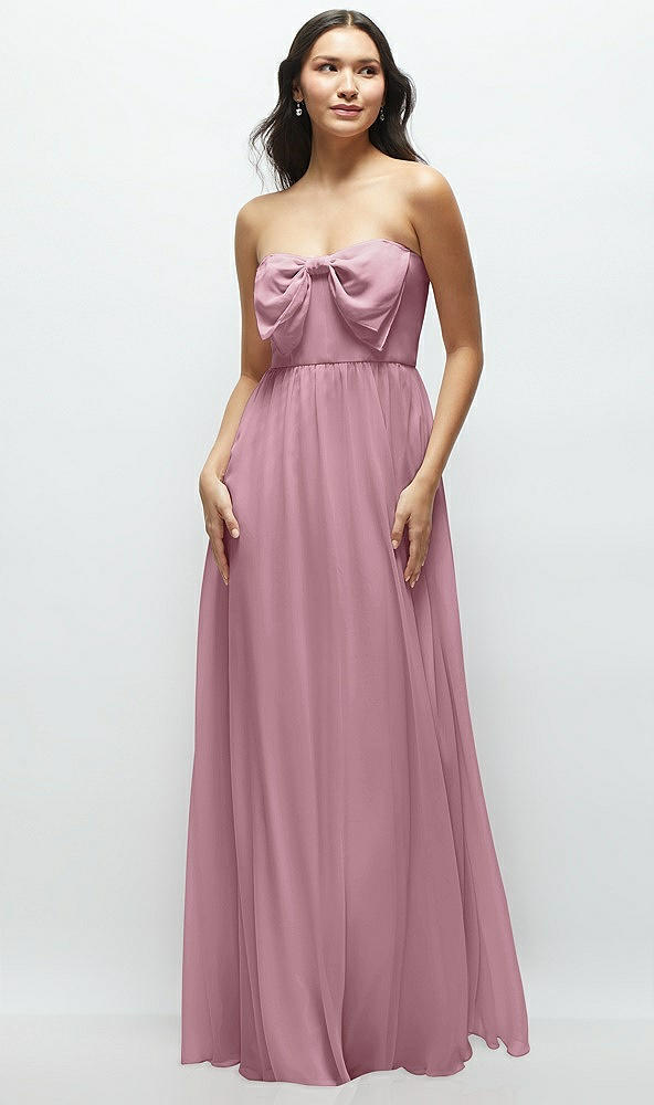 Front View - Dusty Pink Strapless Chiffon Maxi Dress with Oversized Bow Bodice