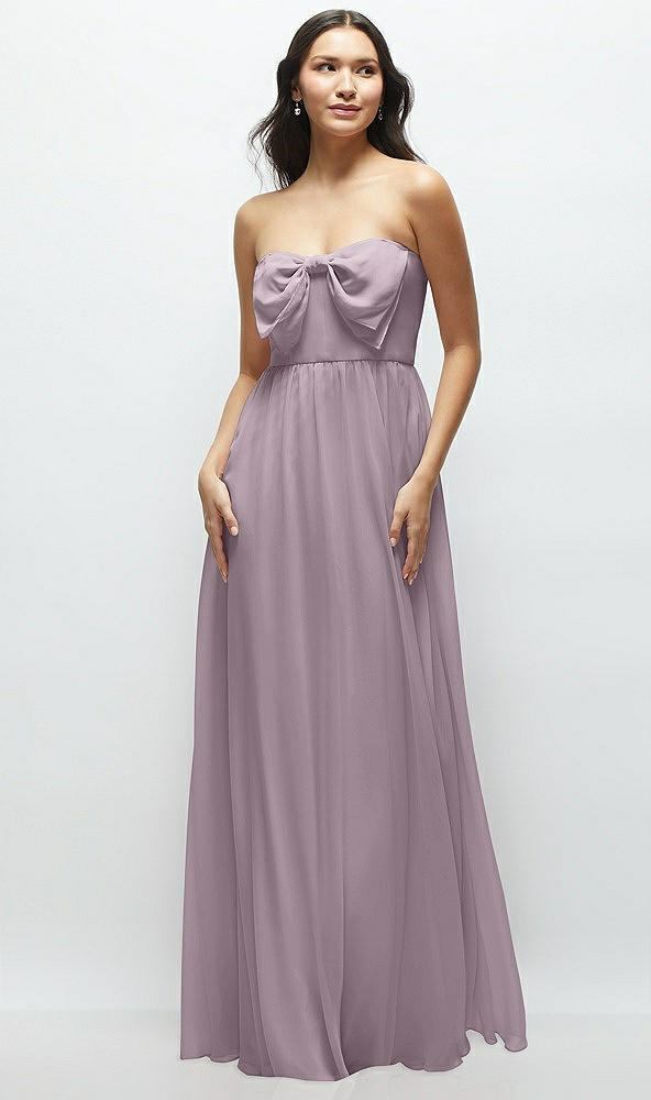 Front View - Lilac Dusk Strapless Chiffon Maxi Dress with Oversized Bow Bodice