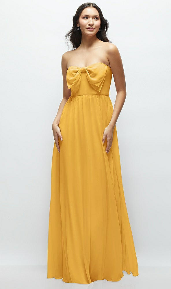 Front View - NYC Yellow Strapless Chiffon Maxi Dress with Oversized Bow Bodice