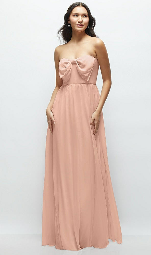 Front View - Pale Peach Strapless Chiffon Maxi Dress with Oversized Bow Bodice