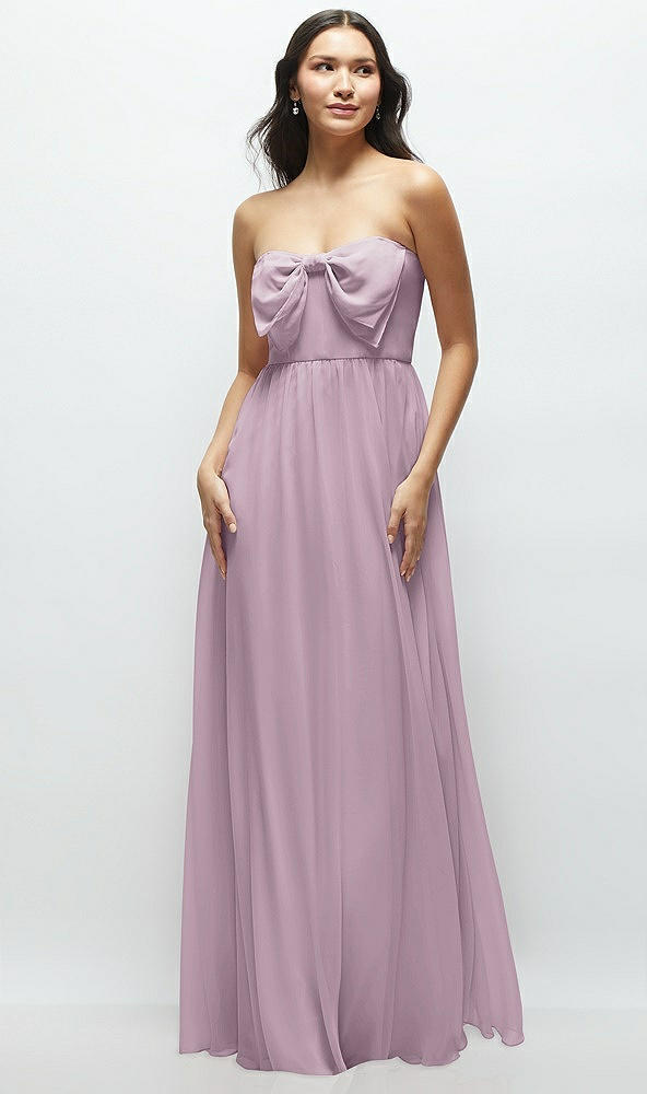 Front View - Suede Rose Strapless Chiffon Maxi Dress with Oversized Bow Bodice