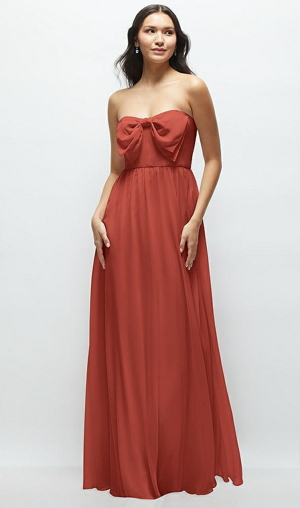 Front View - Amber Sunset Strapless Chiffon Maxi Dress with Oversized Bow Bodice