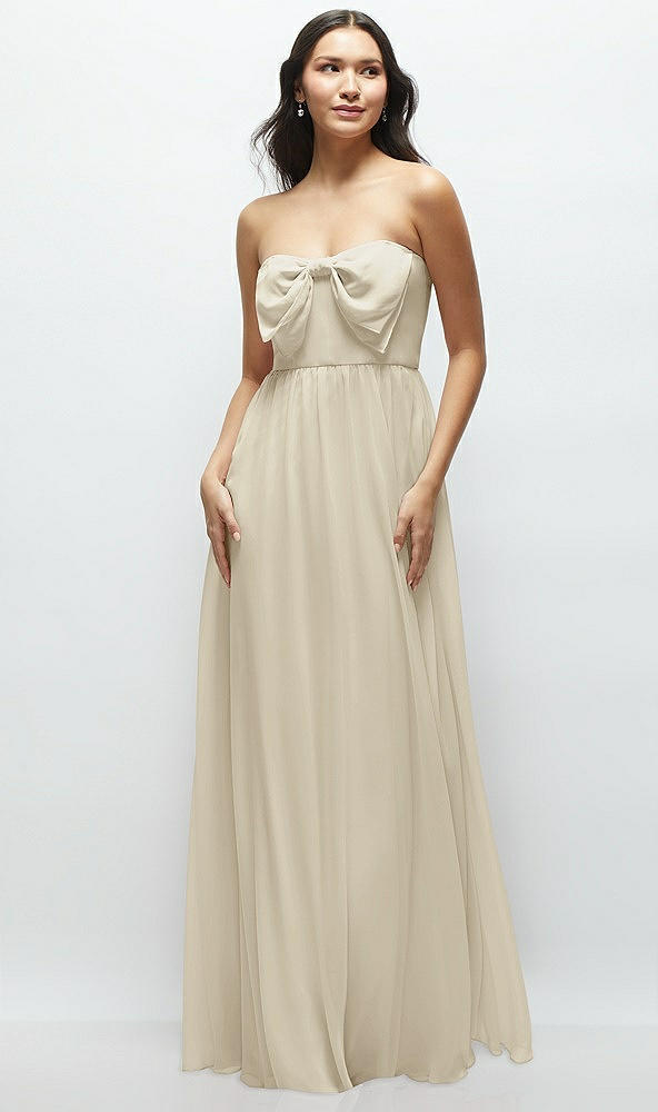 Front View - Champagne Strapless Chiffon Maxi Dress with Oversized Bow Bodice