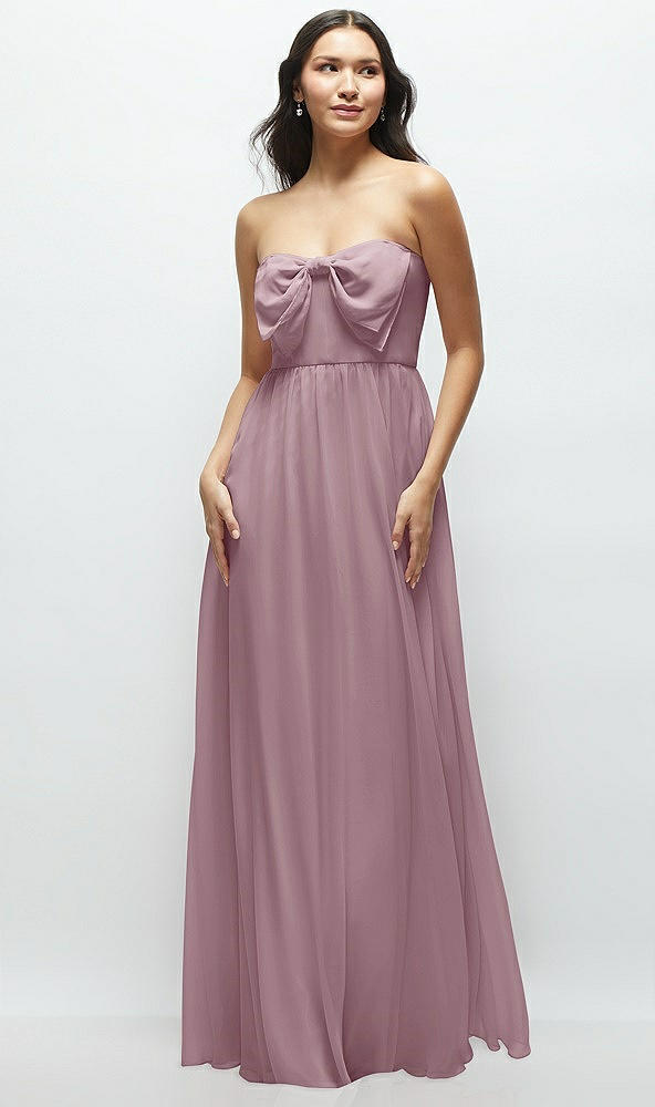 Front View - Dusty Rose Strapless Chiffon Maxi Dress with Oversized Bow Bodice