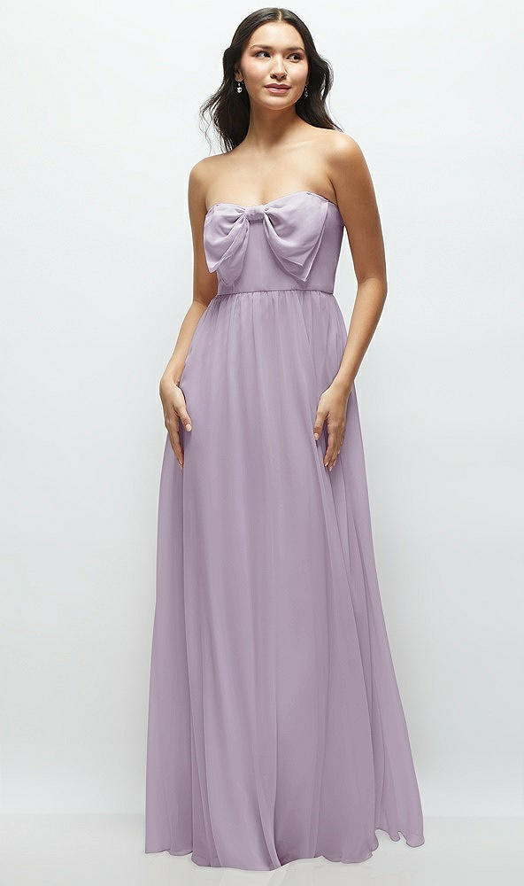 Front View - Lilac Haze Strapless Chiffon Maxi Dress with Oversized Bow Bodice