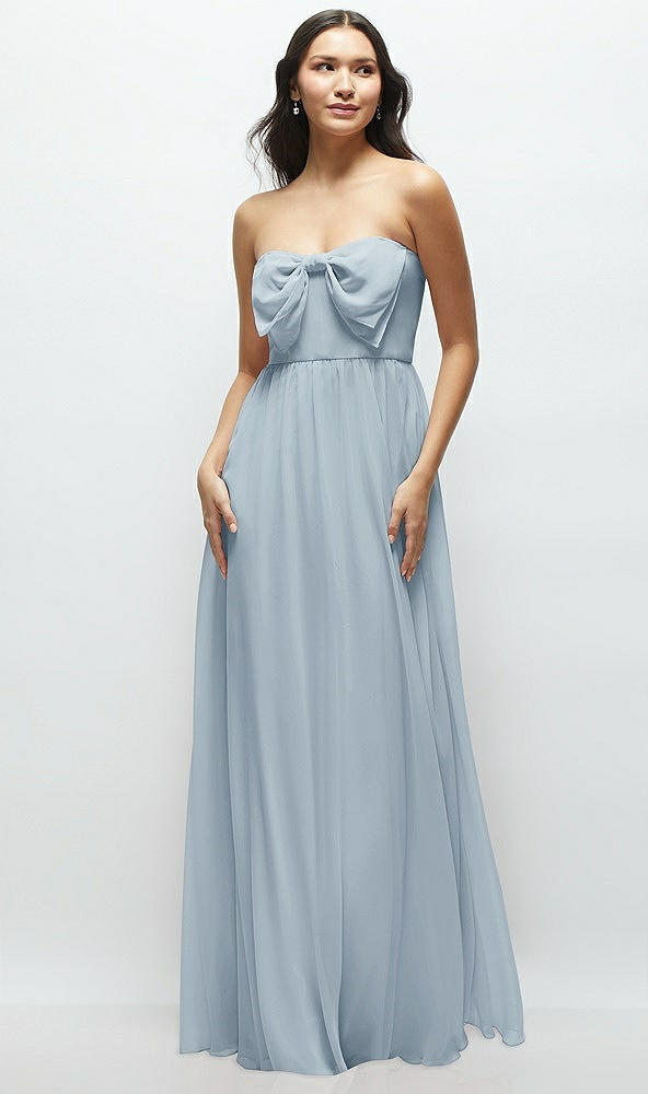 Front View - Mist Strapless Chiffon Maxi Dress with Oversized Bow Bodice