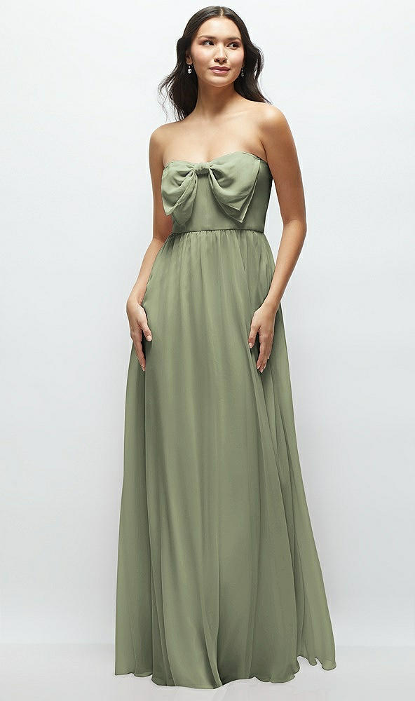Front View - Sage Strapless Chiffon Maxi Dress with Oversized Bow Bodice