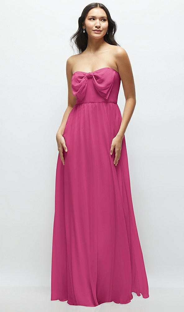 Front View - Tea Rose Strapless Chiffon Maxi Dress with Oversized Bow Bodice