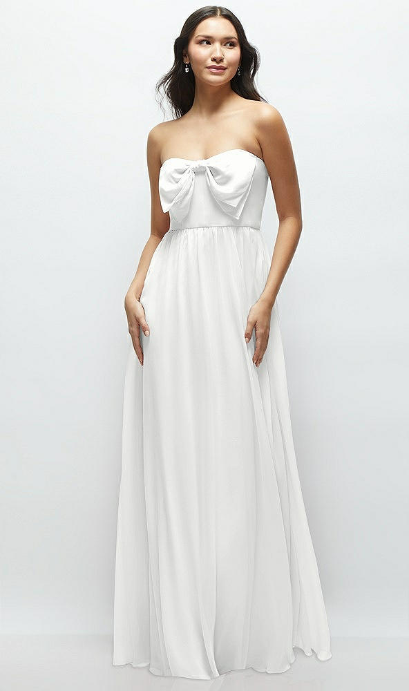 Front View - White Strapless Chiffon Maxi Dress with Oversized Bow Bodice