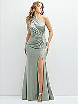 Front View Thumbnail - Willow Green Asymmetrical Open-Back One-Shoulder Stretch Satin Mermaid Dress