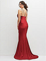 Rear View Thumbnail - Poppy Red Halter Asymmetrical Draped Stretch Satin Mermaid Dress with Rhinestone Straps