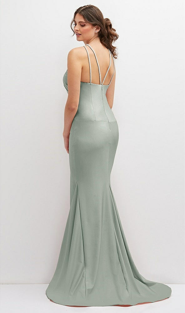 Back View - Willow Green Halter Asymmetrical Draped Stretch Satin Mermaid Dress with Rhinestone Straps