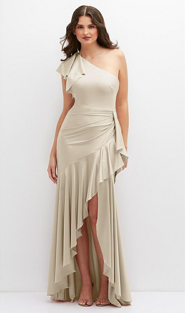 Front View - Champagne One-Shoulder Stretch Satin Mermaid Dress with Cascade Ruffle Flamenco Skirt