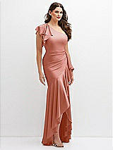 Side View Thumbnail - Desert Rose One-Shoulder Stretch Satin Mermaid Dress with Cascade Ruffle Flamenco Skirt