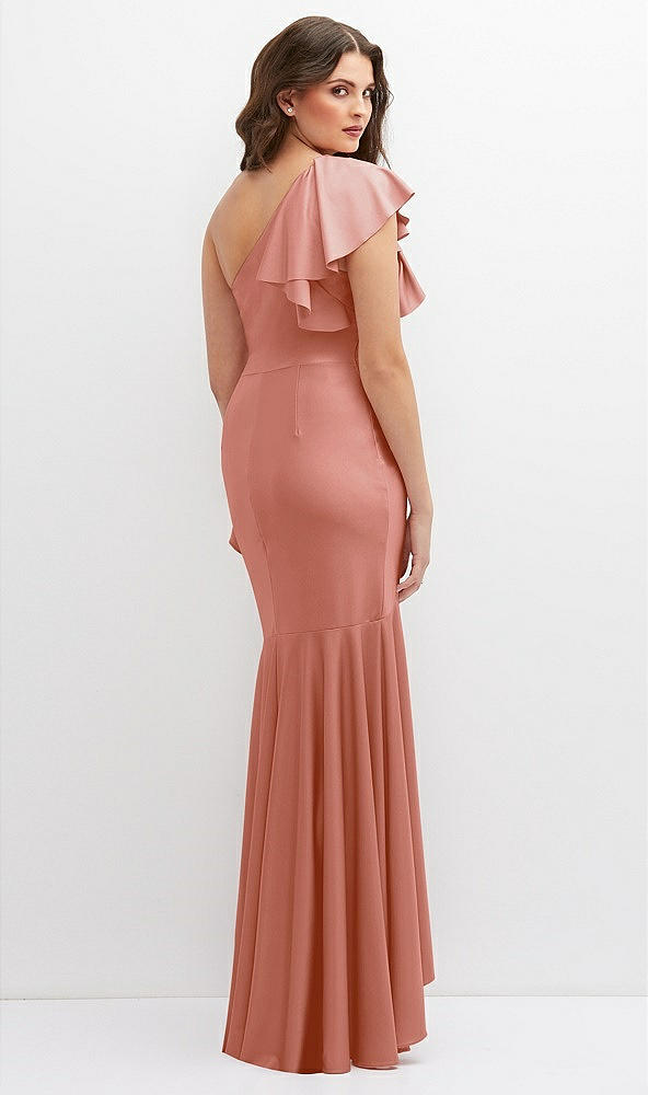 Back View - Desert Rose One-Shoulder Stretch Satin Mermaid Dress with Cascade Ruffle Flamenco Skirt