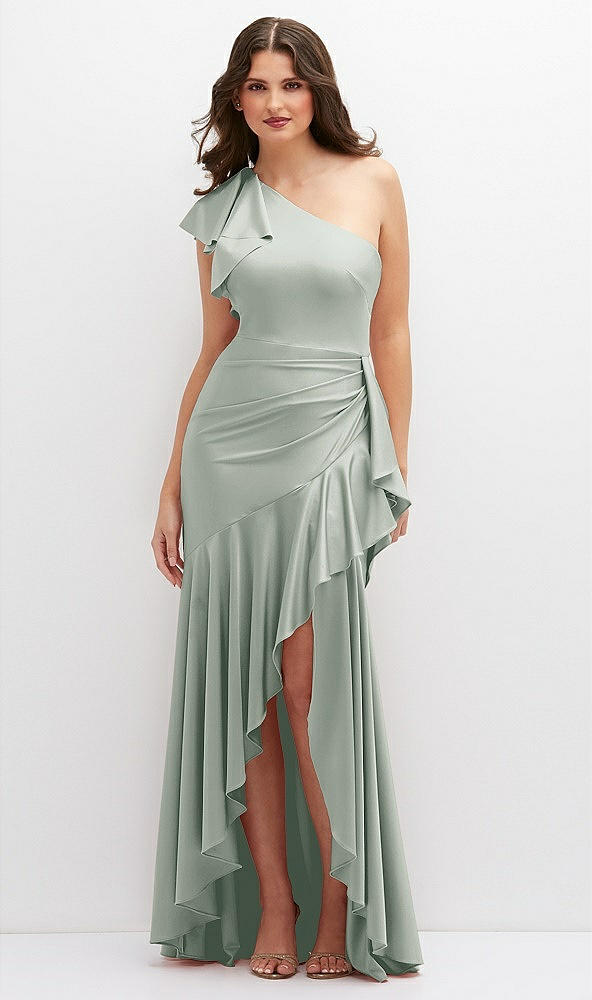 Front View - Willow Green One-Shoulder Stretch Satin Mermaid Dress with Cascade Ruffle Flamenco Skirt
