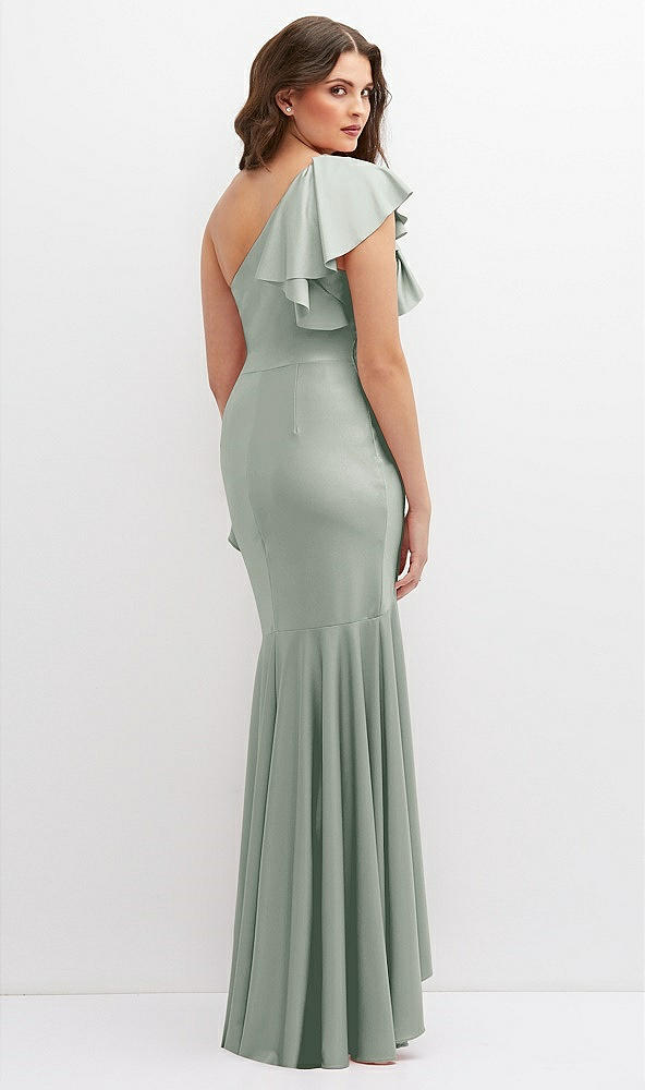 Back View - Willow Green One-Shoulder Stretch Satin Mermaid Dress with Cascade Ruffle Flamenco Skirt