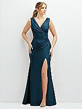 Front View Thumbnail - Atlantic Blue Draped Wrap Stretch Satin Mermaid Dress with Horsehair Hem