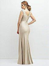 Rear View Thumbnail - Champagne Draped Wrap Stretch Satin Mermaid Dress with Horsehair Hem