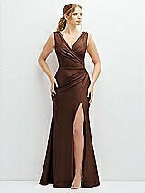 Front View Thumbnail - Cognac Draped Wrap Stretch Satin Mermaid Dress with Horsehair Hem