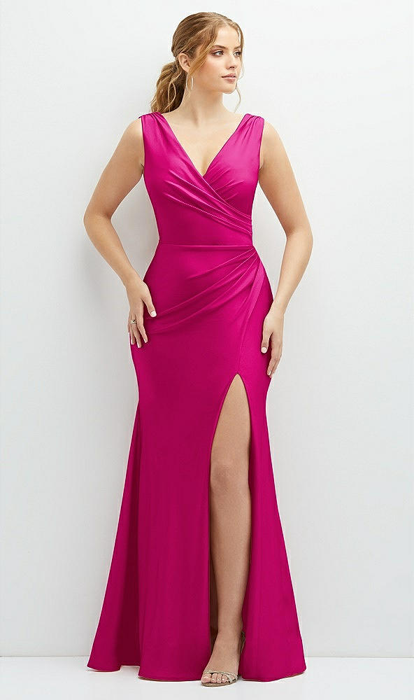 Front View - Think Pink Draped Wrap Stretch Satin Mermaid Dress with Horsehair Hem