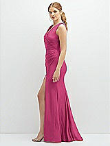 Side View Thumbnail - Tea Rose Draped Wrap Stretch Satin Mermaid Dress with Horsehair Hem