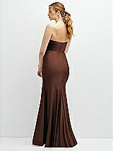 Rear View Thumbnail - Cognac Strapless Basque-Neck Draped Stretch Satin Mermaid Dress with Horsehair Hem