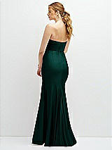 Rear View Thumbnail - Evergreen Strapless Basque-Neck Draped Stretch Satin Mermaid Dress with Horsehair Hem