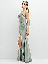 Side View Thumbnail - Willow Green Strapless Basque-Neck Draped Stretch Satin Mermaid Dress with Horsehair Hem