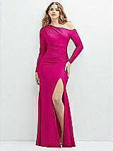 Front View Thumbnail - Think Pink Long Sleeve Cold-Shoulder Draped Stretch Satin Mermaid Dress with Horsehair Hem