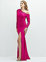 Side View Thumbnail - Think Pink Long Sleeve Cold-Shoulder Draped Stretch Satin Mermaid Dress with Horsehair Hem